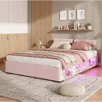 STILVORA Kinderbed 140x200 cm – Jeugdbed Met LED-Zijrek En Opbergruimte – Flexibele Hoofdsteunen – Lage Uitvoering – Roze – Zonder Matras