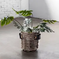 Het Mandenhuys Bloempot Grijs met Leren Handvat - Rotan - 35x35x35cm