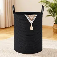Famanu – Geweven katoenen touw wasmand van 40 x 55 cm, opvouwbare opbergmand met handvat voor wasgoed, dekens en speelgoed, 72 liter, zwart
