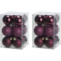 COSY&TRENDY 24x stuks kunststof kerstballen aubergine roze 6 cm mat/glans/glitter -Onbreekbare plastic kerstballen - Kerstversiering