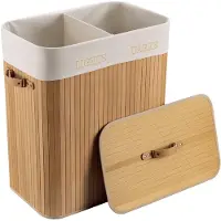 Famanu – Bamboe wasmand van 105 liter in natuurkleur, 52 x 32 x 63 cm, wassorteerder met linnen waszak, rechthoekige wasbox met twee compartimenten en handvaten