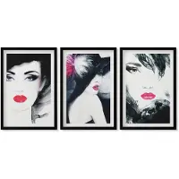 Wallfluent 3-Delige Schilderij Set - Geschilderde Portretten Van Vrouwen Met Expressieve Lippen - 40 x 60 cm - Moderne Wanddecoratie - Woonkamer - Decoratieve Schilderijen
