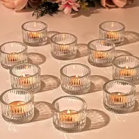 Famanu – Set van 12 heldere theelichthouders van glas, geribbelde kleine kaarshouders voor bruiloften, feesten en huisdecoratie