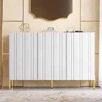 OKWISH Schoenenkast Dressoir 3 Deuren Met Verticale Groeven Verstelbare Planken Gouden Metalen Poten Wit MDF Spaanplaat 120 Cm