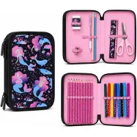 Benza - Gevulde Etui met Zeemeerminnenprint - 25-delige Schrijfwaren Set - Dubbele Etui met 2 Ritsvakken - Roze