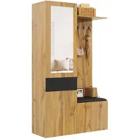 Merax Halmeubel met Spiegel en Schoenenkast - 98,5 x 38 x 191 cm - Houtkleur en Zwart - Zitbank - 5 Kapstokhaken - Verstelbare Legplanken