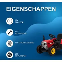 Happiq 12V elektrische tractor - Elektrische tractor met aanhanger, afstandsbediening, 7 LED-koplampen en MP3-speler - Rood