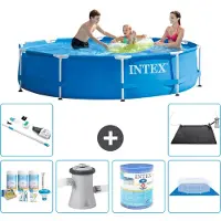 Intex Rond Frame Zwembad - 305 x 76 cm - Blauw - Inclusief Onderhoudspakket - Zwembadfilterpomp - Filter - Grondzeil - Stofzuiger - Solar Mat - 7-delig