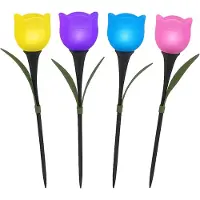 Snq Set van 4 Tulp Solar Lampen - 6×6×48cm - Bloemvormige Solar Tuinverlichting - Met Grondvoet - LED Buitenverlichting - Geschikt voor Paden, Bloemperken en Balkons - Geel, Blauw, Paars, Roze
