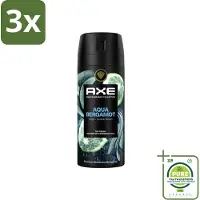 Axe 3 x Deodorant Bodyspray Aqua Bergamot 150 ml - Grootverpakking - Aqua Bergamot Deodorant - Bodyspray - Geur - Lichaamsgeur Bescherming - Premium Geur
