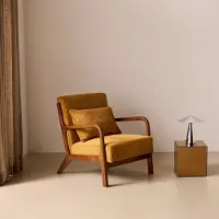 Sweeek Scadinavische fauteuil van walnootkleurig hout en corduroy Oker