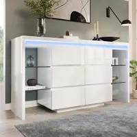 OKWISH Bílá, hoogglanzende keukenkast met glazen planken en LED-verlichting. Multifunctionele keukenkast met 6 lades, ruime opbergruimte, geschikt voor de woonkamer