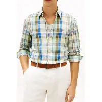 Tommy Hilfiger Linen Blend Madras Shirt Citronella/check Maat: XXL | Casual Overhemden Outlet | Heren | Blauw