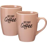 Excellent houseware Siaki koffie kopjes Barista Cafe - 2x stuks - oudroze - 340 ml - mokken - keramiek - 10 cm - met koffie thema teksten