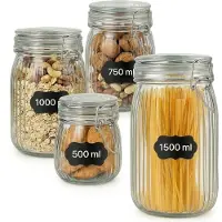 Famanu – Set van 4 geribbelde voorraadpotten met beugelsluiting, 500-1500 ml, ideaal voor keuken en huishouden