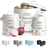 Famanu – Set van 3 voorraadpotten voor uien, knoflook en aardappelen, emaille met ventilatiegaten voor optimale opslag en houdbaarheid (Wit