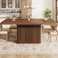 OKWISH Eettafel "" met uitschuifbaar tafelblad, keukentafel met verborgen opbergruimte, verticale reliëfstructuur, multifunctionele tafel, bruin