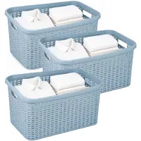 PlasticForte Wasmand - 3x - 35 liter - rotan - blauw - kunststof - 53 x 36 x 26 cm - draagmand - met handvatten - lichtgewicht