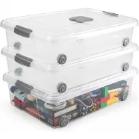 PlasticForte Opslagbox - 3x stuks - met deksel - 31L - 62 x 45 x 18 cm - transparant - opbergbak - met wielen
