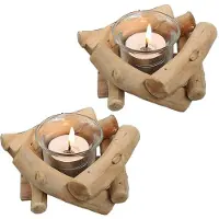 Famanu – Rustieke houten theelichthouder set van 2 met glazen cup, driftwood votive theelichthouder voor boerderij bruiloft centrepieces, woonkamer en salontafel decoraties
