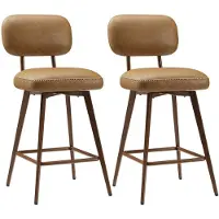 COLAMY - Set van 2 draaibare barkrukken van PU-kunstleer - toonbankhoogte - modern midden-eeuws design - met lage rugleuning en metalen onderstel - geschikt voor keukeneilanden - kleur bruin