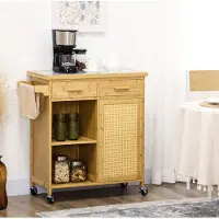 OKWISH Keukenkast – Keukenwagen Met Wielen En Werkblad – 2 Lades, Open Vakken, Kast En Handdoekhouder – Voor Keuken En Eetruimte – Bamboe – Natuurlijk Hout