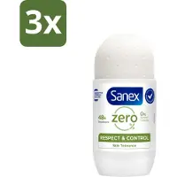 Sanex 3 x Deodorant Roller Zero% Normal Skin 50 ml - 24 Uur Deodorant - Aluminiumzouten Vrij - Alcohol Vrij - Huidvriendelijk - Gevoelige Huid