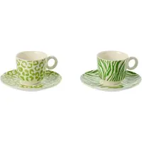 J-Line kopje + schoteltje Luipaard + Zebra - porselein - groen/wit - small - set van 2