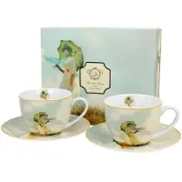 Duo Set van 2 Porseleinen Mokken met Schotel - "Vrouw met Parasol" Kunstprint