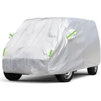 Famanu – Autohoes voor volledige bescherming, waterdicht en weerbestendig, geschikt voor V-W T5 T6 Transporter, zilver, met zijdelingse deurritssluitingen