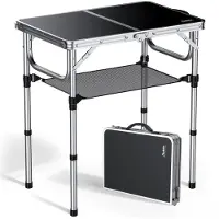 Famanu – Inklapbare campingtafel, 58 x 40 cm, met aluminium zilveren frame, verstelbare hoogtes 26/48/67 cm, MDF-tafelblad met opbergnet
