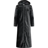 Gaubert Extra Lange Dames Rits Badjas met Capuchon en Zijzakken - Ochtendjas - Superzacht Coral Fleece - Reliëf Visgraat Zwart - Maat L/XL - 8207-Black
