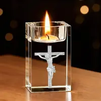 Famanu – 3D kristalglas theelichthouder in de vorm van Jezus, decoratieve kaarshouder van transparant K9 kristalglas voor bruiloften en jubilea