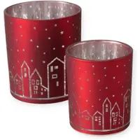 Boltze – Waxinehouder – Set van 2 – Huisjes – Rood - Zilver – 8 en 10 cm hoog – Waxinelichtjes
