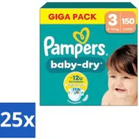 Pampers 25 x – Luiers – Baby Dry Maat 3 – 150 Luiers - Baby-dry Luiers - Lekken Voorkomen - Droge Nachten - Comfortabele Luiers - Stop En Bescherm Pocket