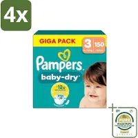 Pampers – Luiers – Baby Dry Maat 3 – 150 Luiers - Voordeelverpakking - 4 stuks - Droge nachten - Comfortabele luiers