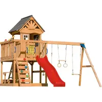 Axi Jack Speeltoestel met Dubbele Schommel en Trapeze Bruin – Rode glijbaan
