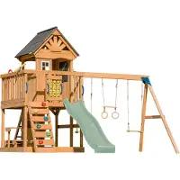 Axi Jack Speeltoestel met Dubbele Schommel en Trapeze Bruin – Pastel Groene Glijbaan