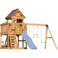 Axi Jack Speeltoestel van hout in Bruin | Speeltoren met zandbak, trapeze, dubbele schommel en Pastel Blauw Glijbaan | Speelhuis op palen voor de tuin