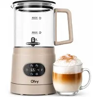 Olvy Melkopschuimer Glas - Elektrische Melkopschuimer 500W - 4-in-1 - Warm & Koud Schuim - 160 ml Melkschuim - 400 ml Warme Melk - Temperatuurdisplay - BPA & PFAS Vrij - Beige
