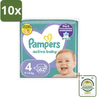 Pampers 10 x – Luiers – Active Baby Maat 4 (9-14 kg) – 62 Luiers - Grootverpakking - Luiers Voor Baby - Droge Luiers - Superabsorberende Luiers - Anti-lek Luiers - Zachte Luiers
