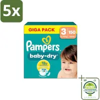 Pampers 5 x – Luiers – Baby Dry Maat 3 – 150 Luiers - Grootverpakking - Baby-dry Luiers - Lekken Voorkomen - Droge Nachten - Comfortabele Luiers - Stop En Bescherm Pocket