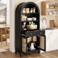 STILVORA Vitrinekast Met Boogvorm En Rotan Deuren En Lade Open Vakken Voor Woonkamer En Hal Spaanplaat En MDF Zwart Naturel 70x40x170 Cm