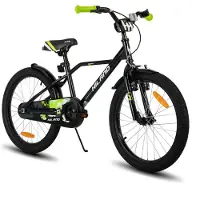 Hiland Stoere Jongensfiets - 20 Inch - Met Zijwieltjes & Standaard - Handrem & Terugtraprem - Zwart/Groen - Geschikt voor buitenactiviteiten in de lente