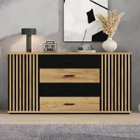 OKWISH Kommode met 4 lades, verticaal ribbeldesign, dressoir met verstelbare legplanken, woonkamerkast in natuurhout en zwart
