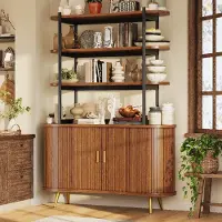 MODFU dressoir met 4 open planken, afsluitbare opbergruimte met rolluikdeur, keukenkast/woonkamerkast met verticale ribbels, opslagrek, houtkleur