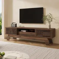 OKWISH TV-meubel met lamellen deuren, TV-kast met lade en kabeldoorvoer, modern tv-meubel, notenhout
