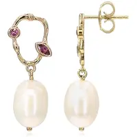 Cavill - 30 mm Oorbellen - 925 Sterling Zilver Verguld - Witte Zoetwaterparels 12x9 mm - Rhodoliet Marquise & Rond 0,26 ct - Elegant