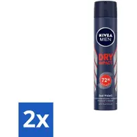 Nivea 2 x MEN – Anti-transpirant spray – Dry Impact – 200 ml - Anti-transpirant Spray - Zweet En Geur - 72u Bescherming - Zweetvorming - Geurvermindering