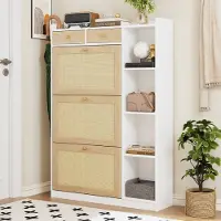 STILVORA Schoenenkast - Smal Design Met 3 Klapvakken En 2 Lades - Rietlook Front Met Open Vakjes Voor Hal En Gang - Wit Naturel - 90x24x130 Cm